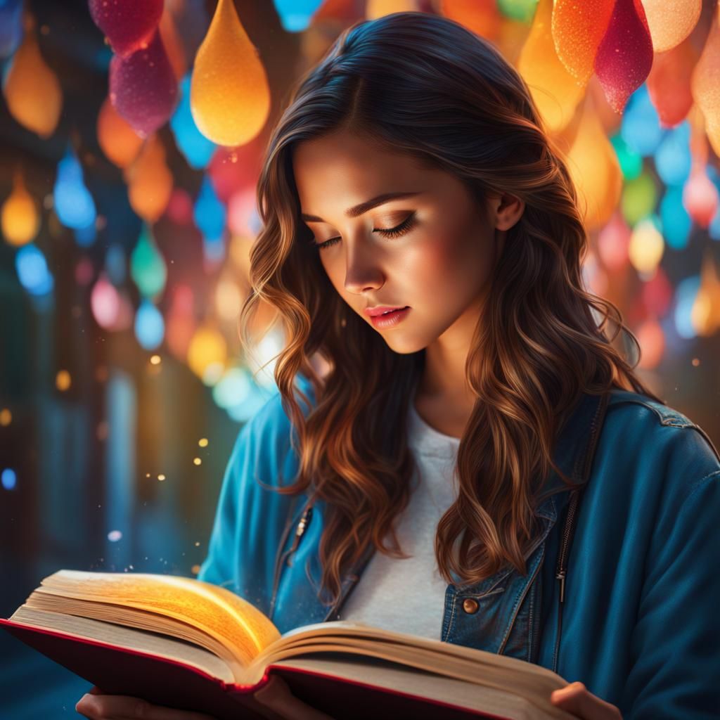 Hyperrealistic Girl Reading Book with Colorful Background