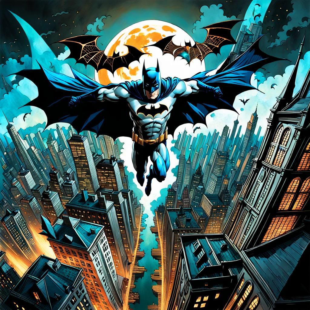 Batman Gliding Over Gotham in Double Exposure