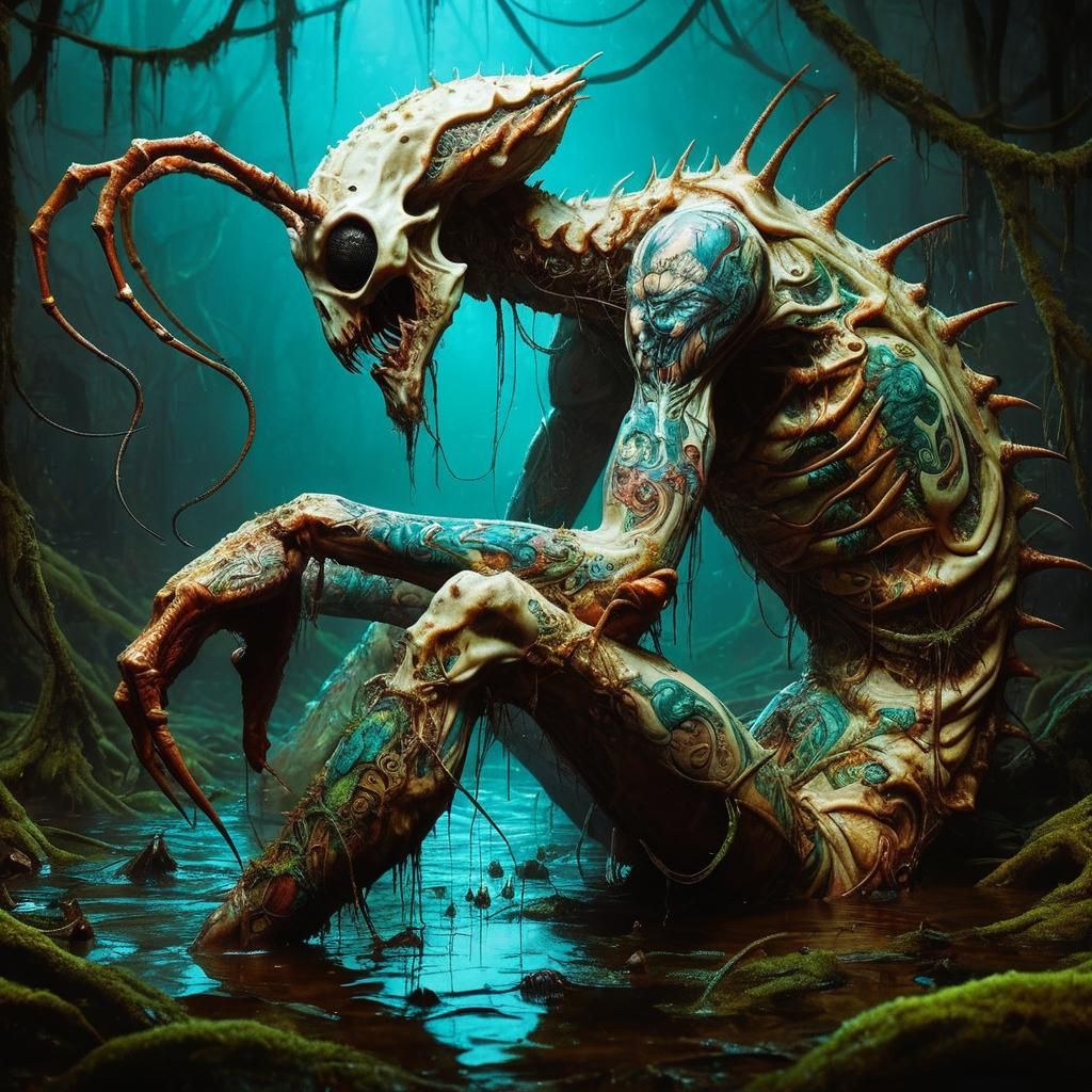 Surreal Albino Mantis Krampus in Sinister Swamp
