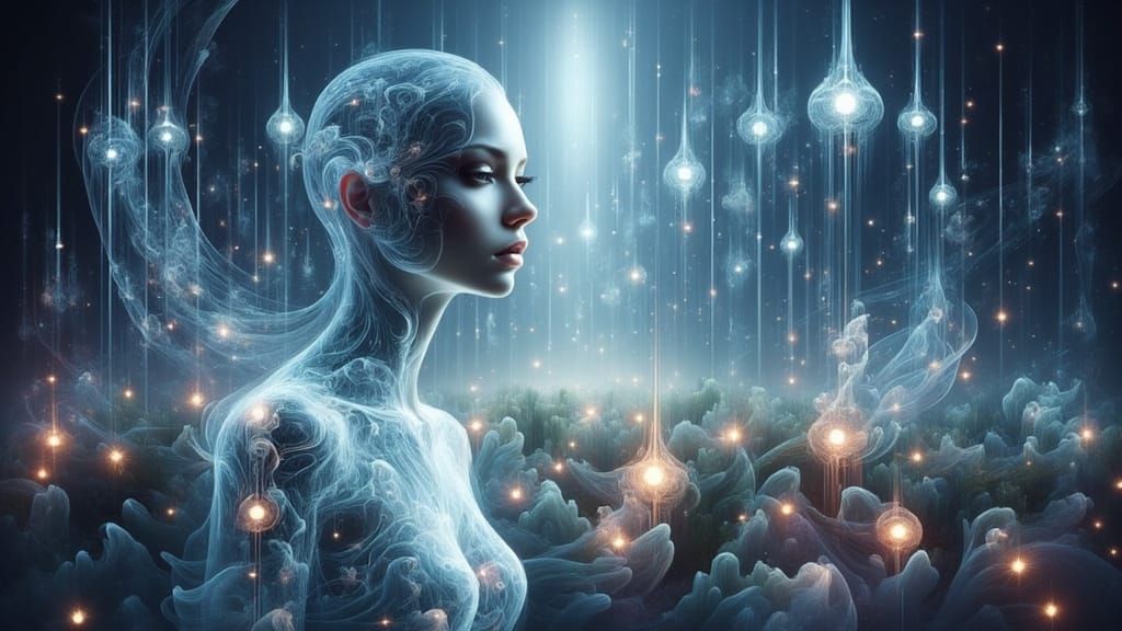 Cybernetic Woman in Ethereal Twilight Swamp