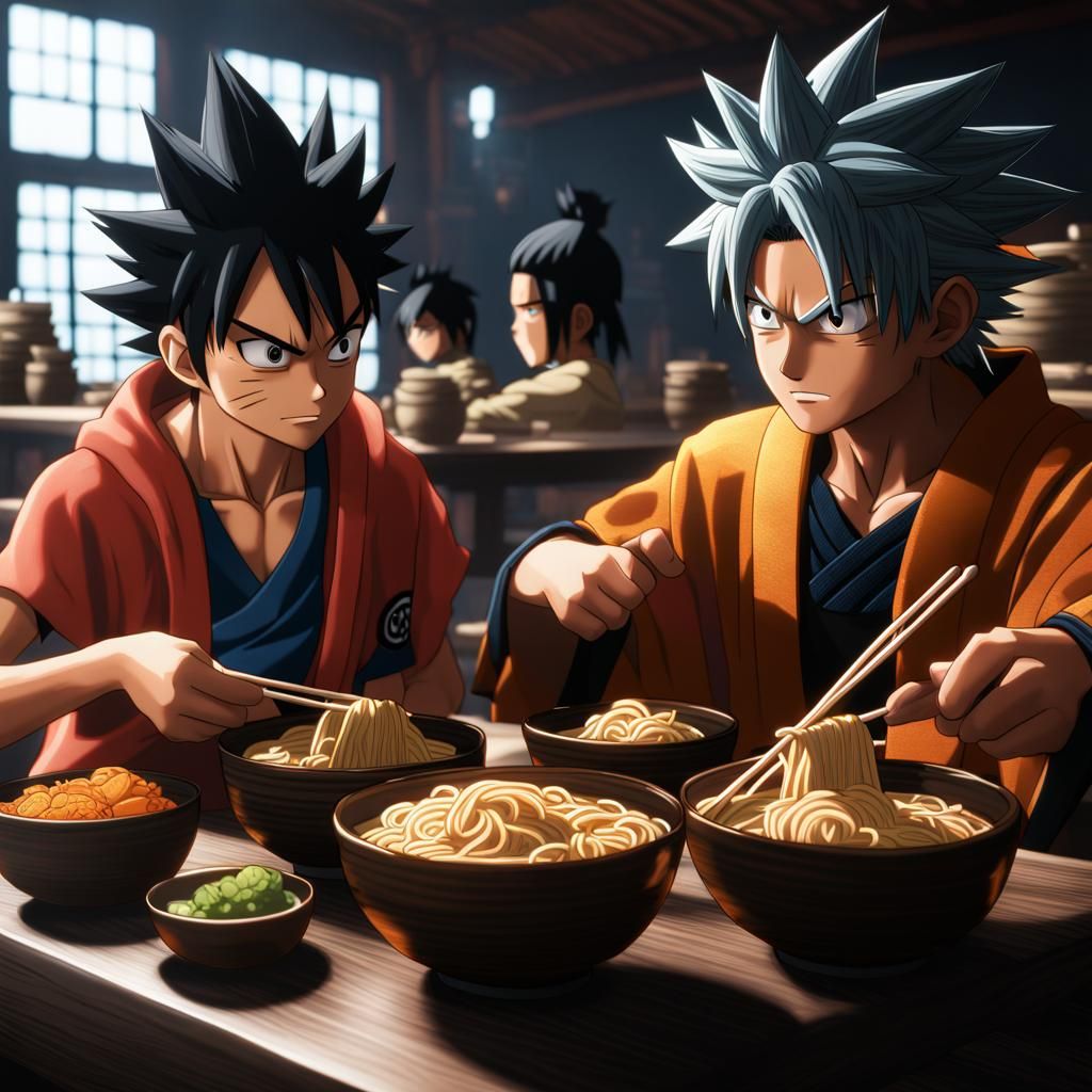 Luffy, Goku, and Naruto Enjoying Ramen