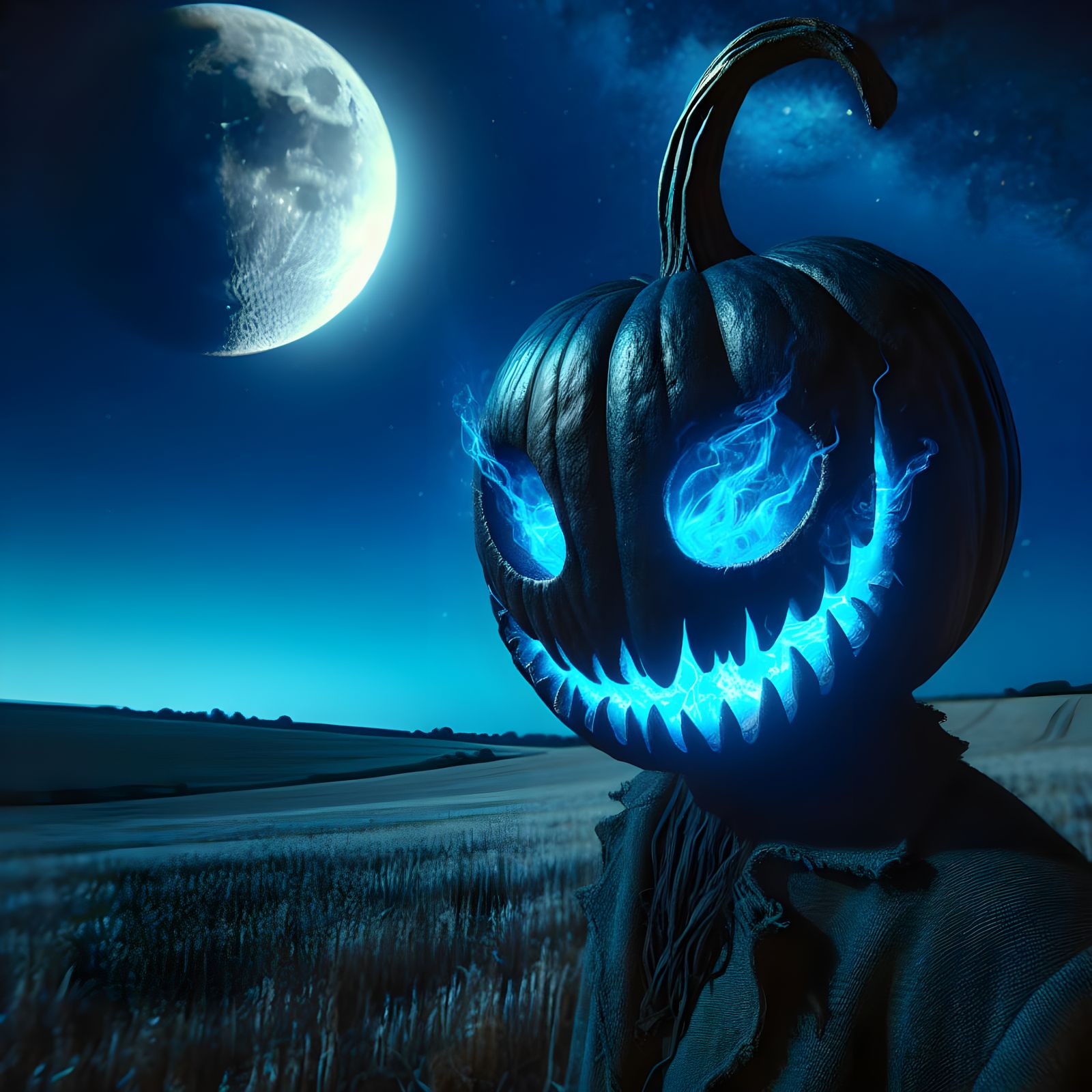 Eerie Pumpkin-Headed Figure in Azure Moonlight