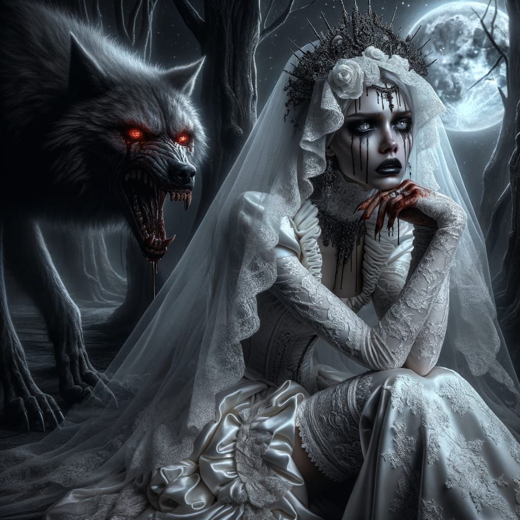 Elegant Gothic Bride Confronts a Haunting Obsidian Wolf