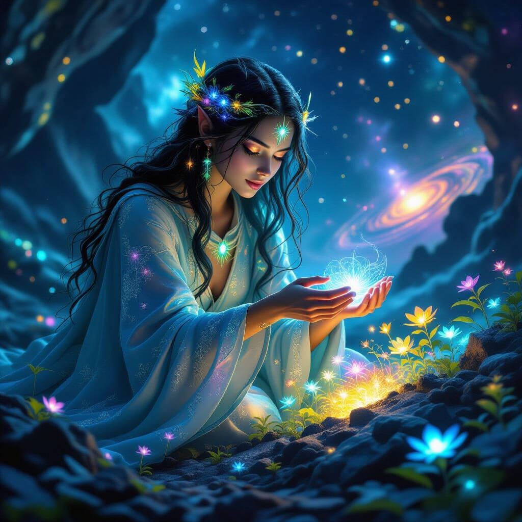 Ethereal Druidess Nurturing Bioluminescent Garden in Space