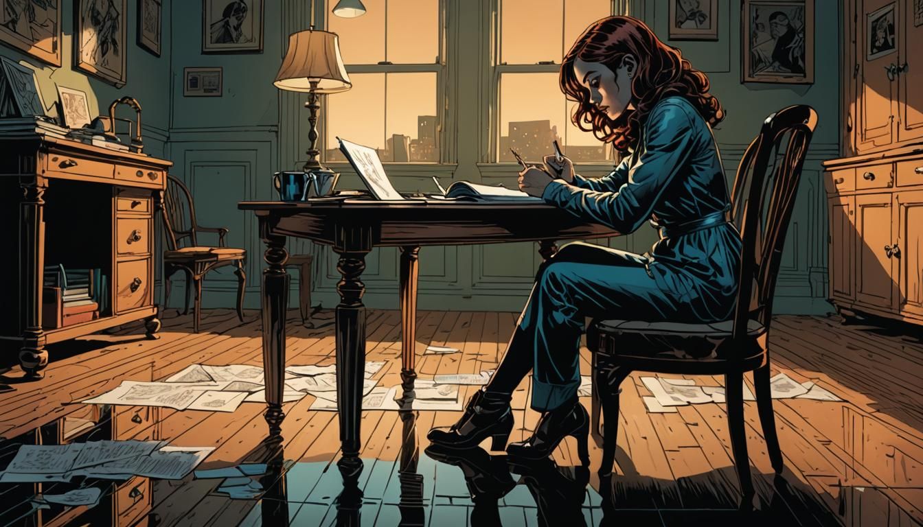 Woman Writing: Comic Book Style Illustration
