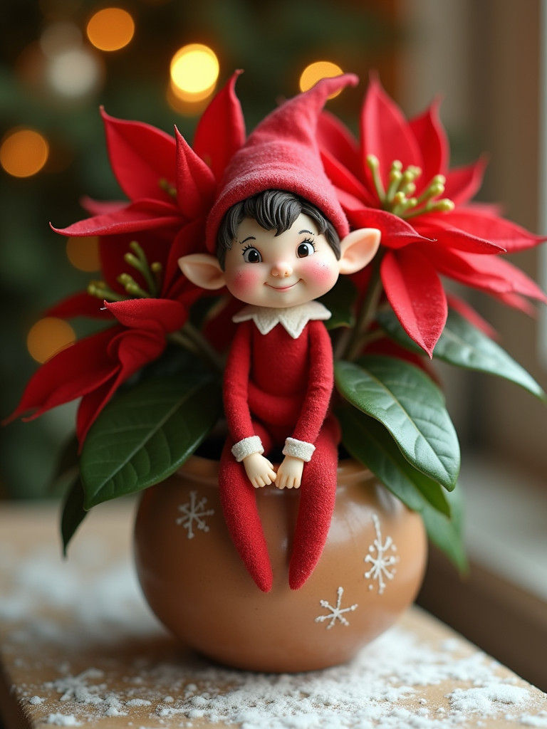 Whimsical Christmas Elf in Vintage-Style Winter Scene