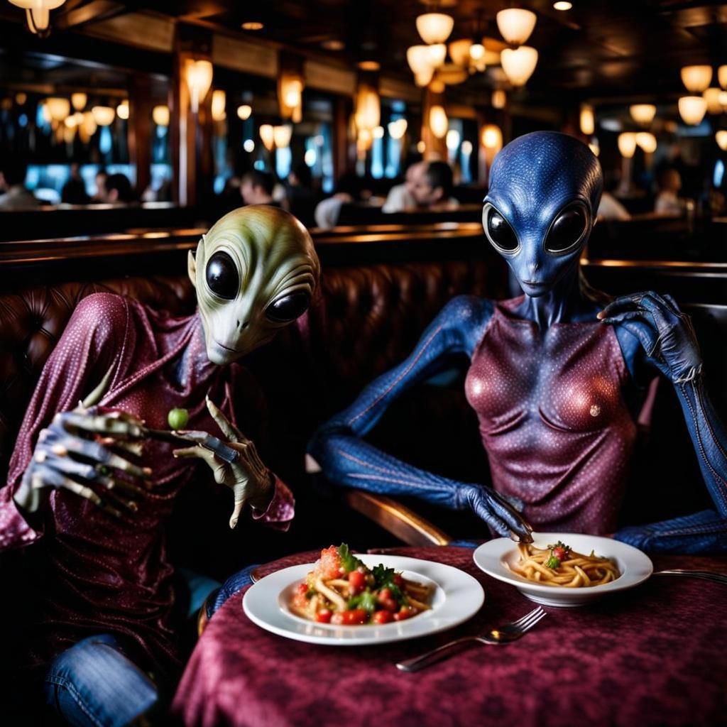 Surreal Restaurant Scene with Exotic Aliens, Professional Ph...