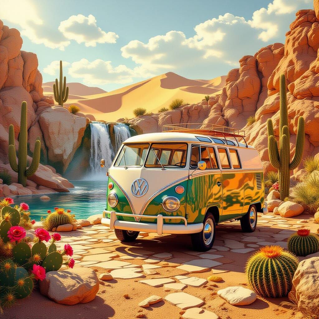 Surreal Desert Oasis with Vintage Van and Waterfall