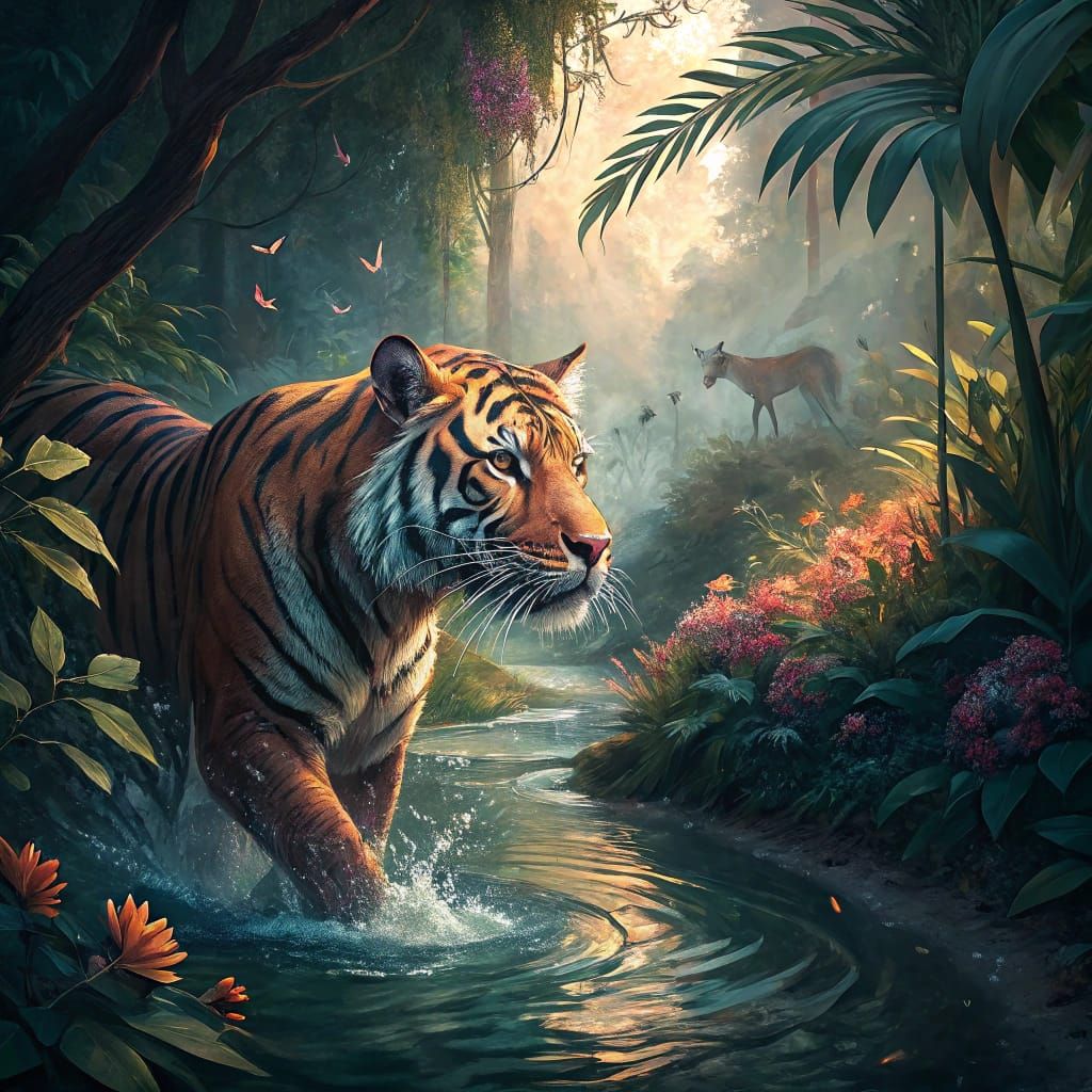 Majestic Tiger in a Tropical Jungle