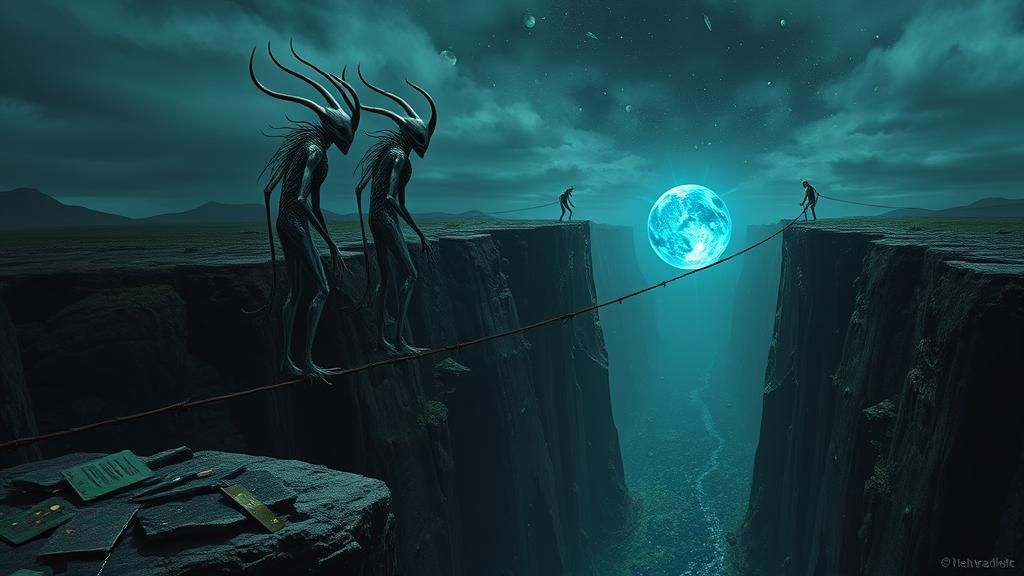 Surreal Alien Gathering Near Glowing Orb