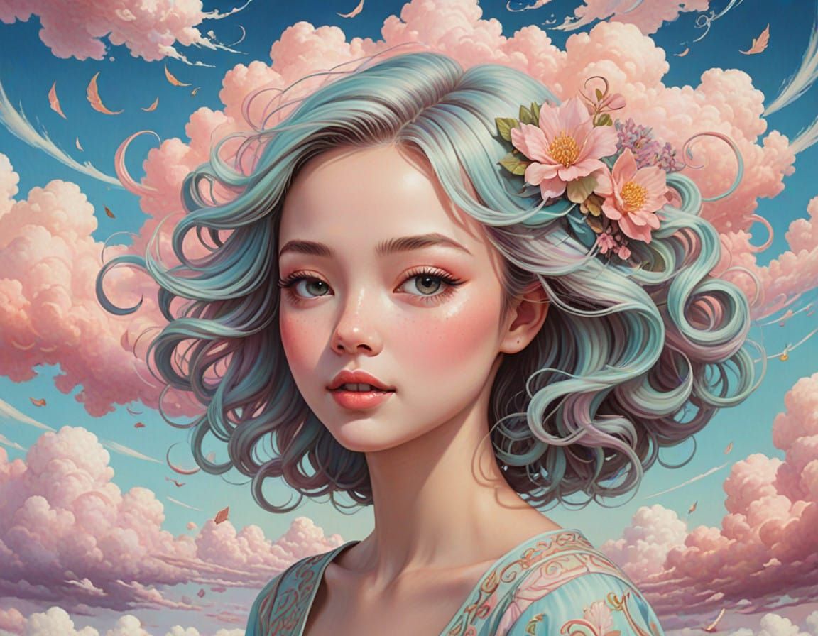 Surreal Dream Girl in Whimsical Cloudscape