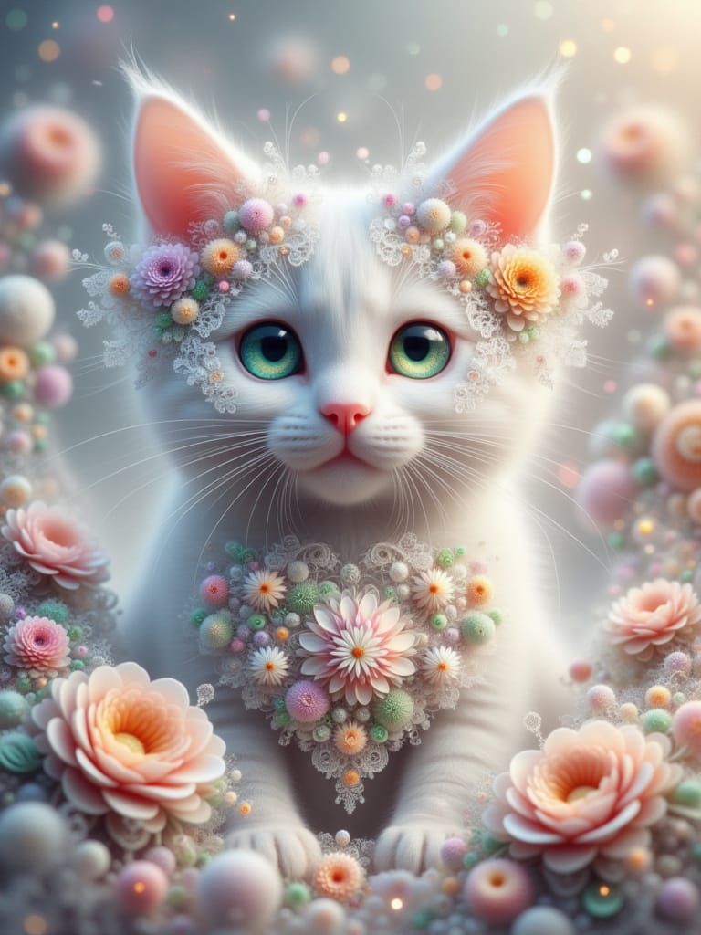 Sitting White Cat in Vibrant Fractal Lace Patterns