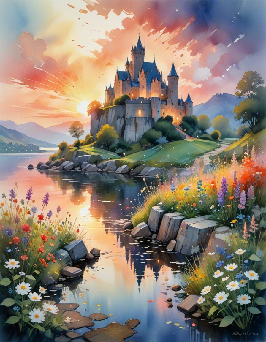Whimsical Castle at Sunset: A Watercolour Fairytale