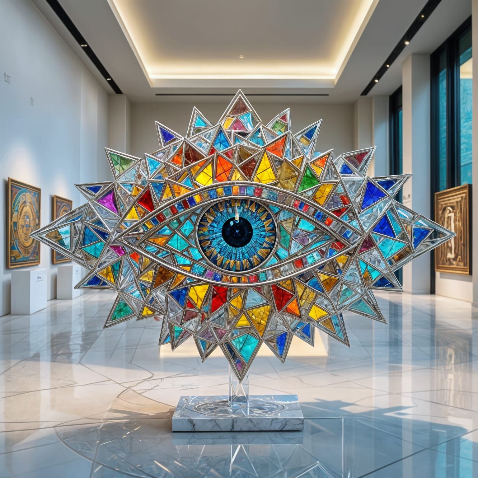 Surreal Egyptian God's Eye Sculpture in Modern Art Museum