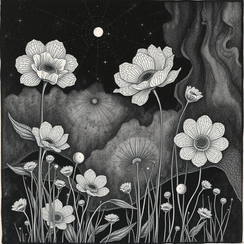 Dreamlike Black and White Scene with Delicate Textures