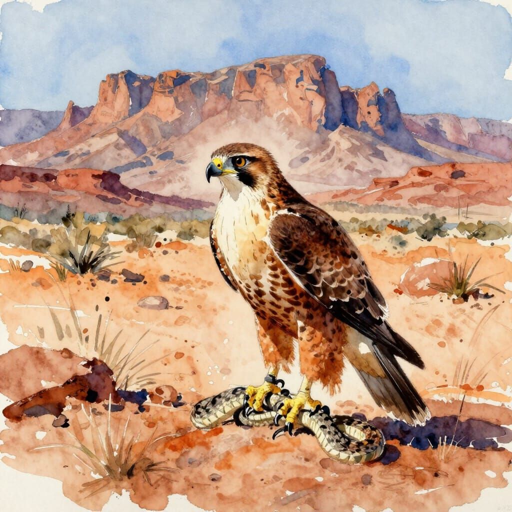 Hawk Grips Snake Over Superstition Mountains, Watercolor Sty...