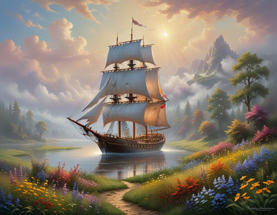 Ethereal Schooner in Whimsical Landscape
