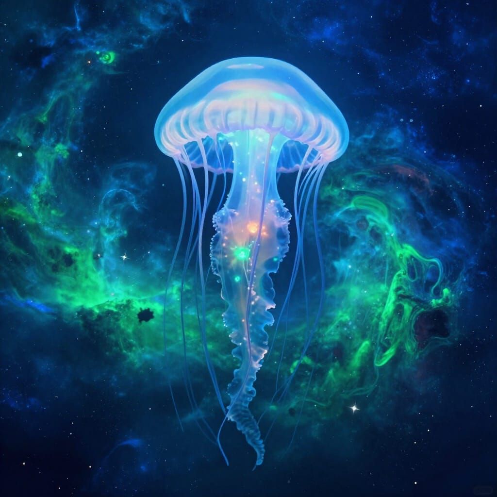 Cosmic Jellyfish Drifting Through Stardust Nebula