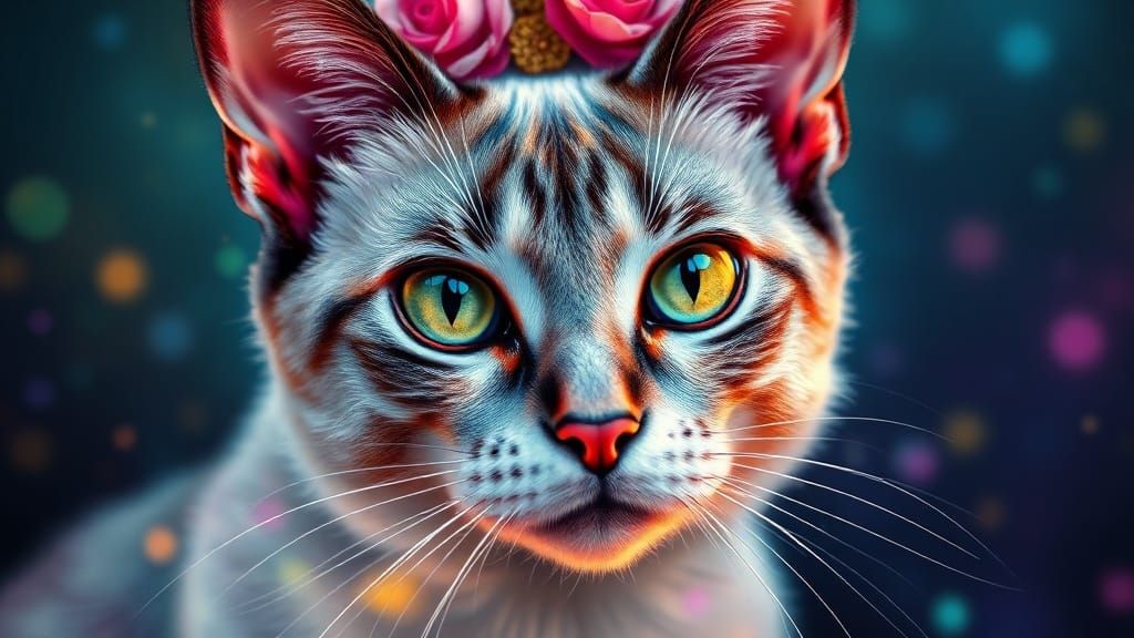 Ghostly Siamese Cat Portrait in Frida Kahlo Style