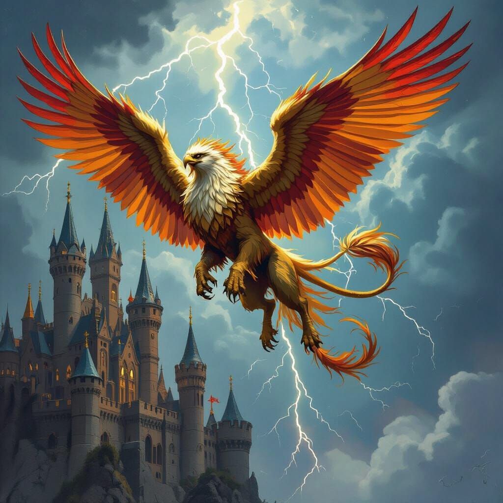 Majestic Griffin Soaring Above Gothic Castle in Fantasy Art