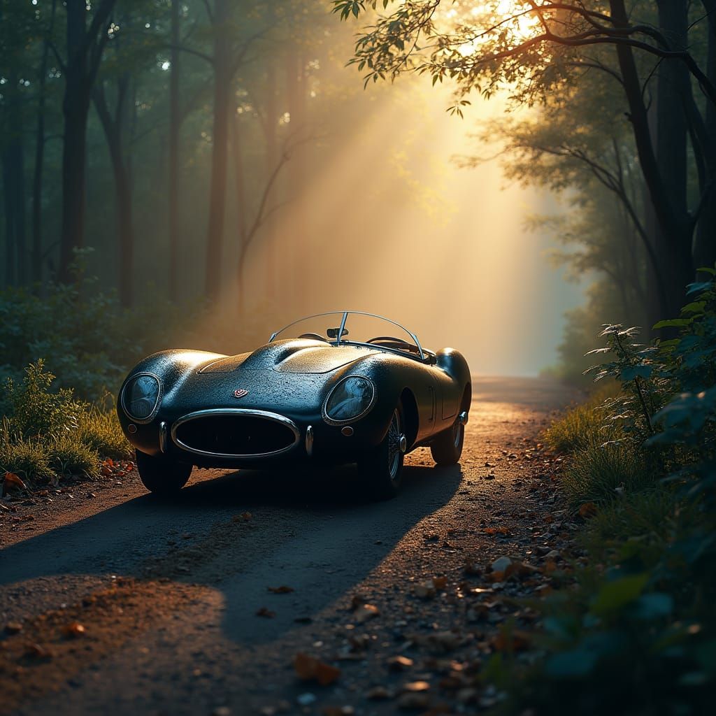 Vintage Jaguar in Mystical Forest, High-Fantasy Art