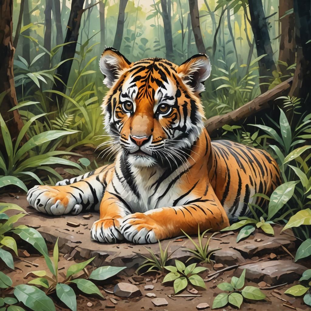 Cute Baby Tiger in Gouache Style