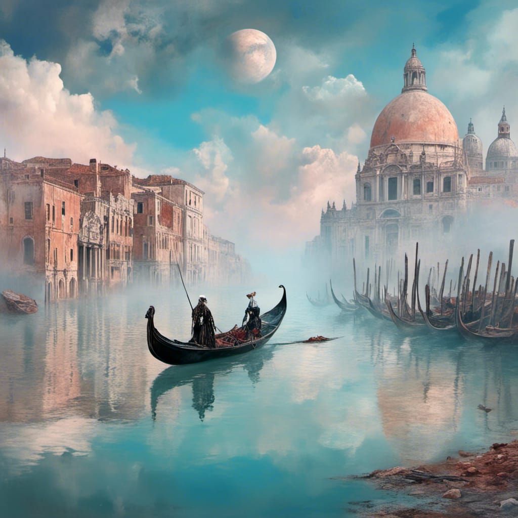 Gondola on Mars in Misty Pre-Raphaelite Dreamscape