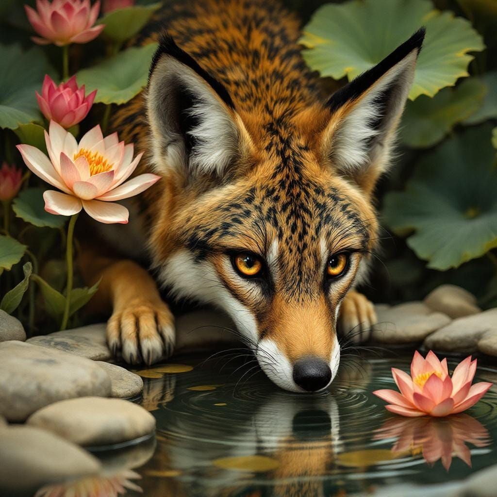 Jackal Drinks from Lotus Pond in Art Nouveau Style
