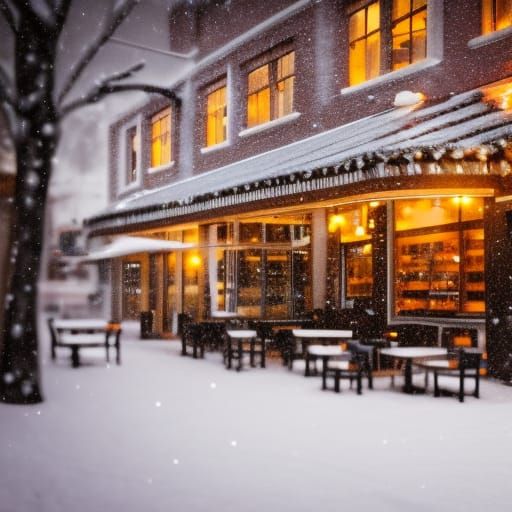 Winter Coffee Shop in Falling Snow: Detailed Photo