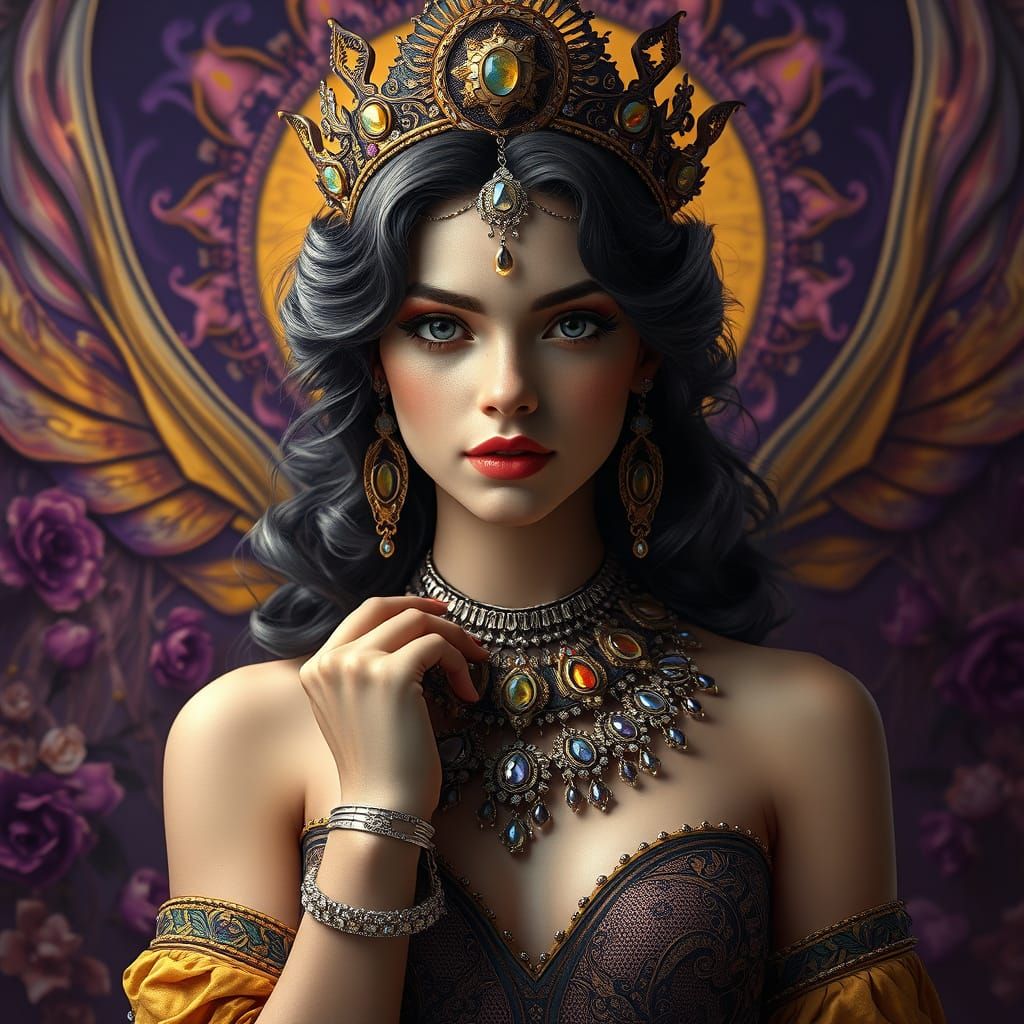 Extraordinary, beautiful young Queen with jewelry Psychedelic Art Nouveau Fantastism encaustic