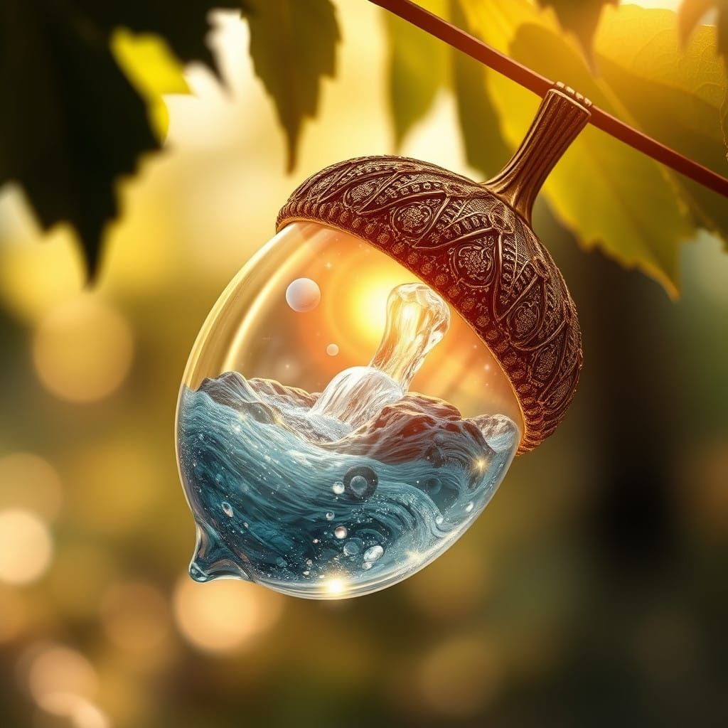 Hyper-Realistic Glass Acorn with Golden Cap and Cosmic Eleme...