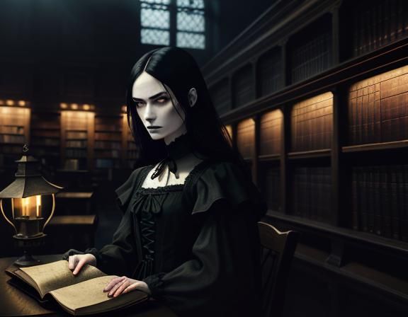 Gothic Woman in Dimly Lit Library, Digital Art