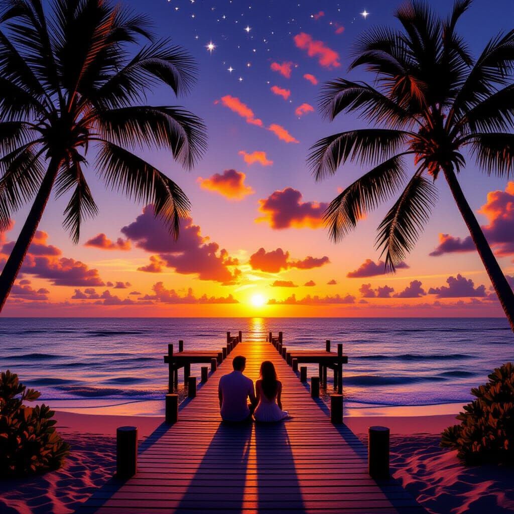 Romantic Sunset Over Tropical Beach with Pier