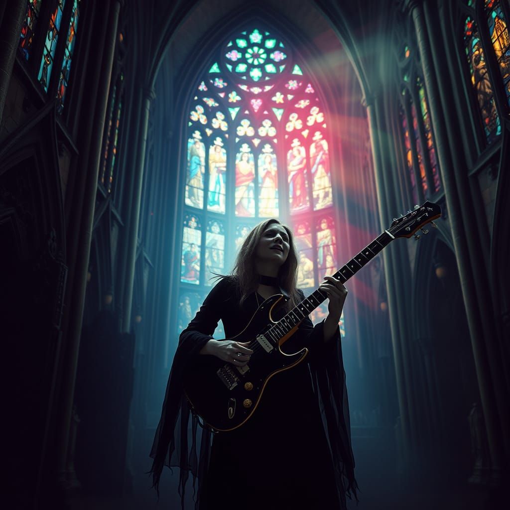 Gothic Cathedral: Spectral Guitarist in Film Noir Style