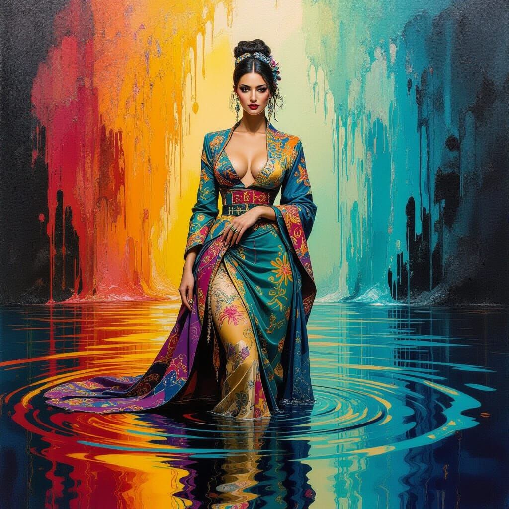 Surreal Woman Amidst Melting Oil, Inspired by Masters