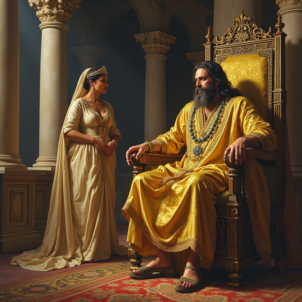 Majestic King Solomon in Throne Room with Queen of Sheba in ...