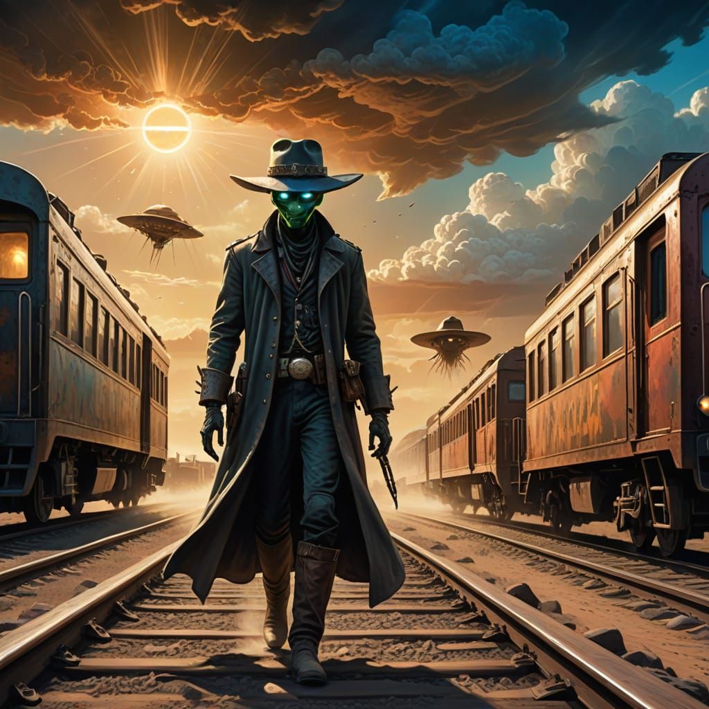 Alien Robs Wild West Train in Impressionistic Digital Art