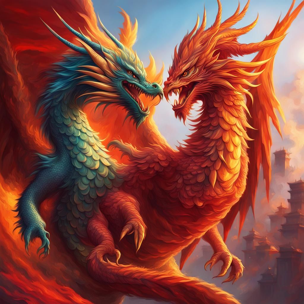 Dragon and Phoenix in Colorful Splash Art