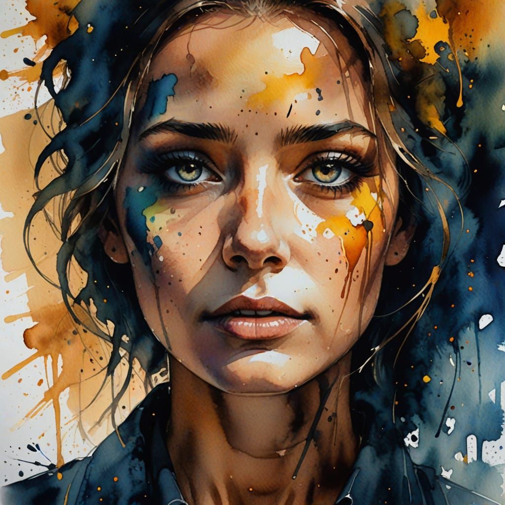 Watercolor Portrait of a Person Embracing Shadows in Warm Go...