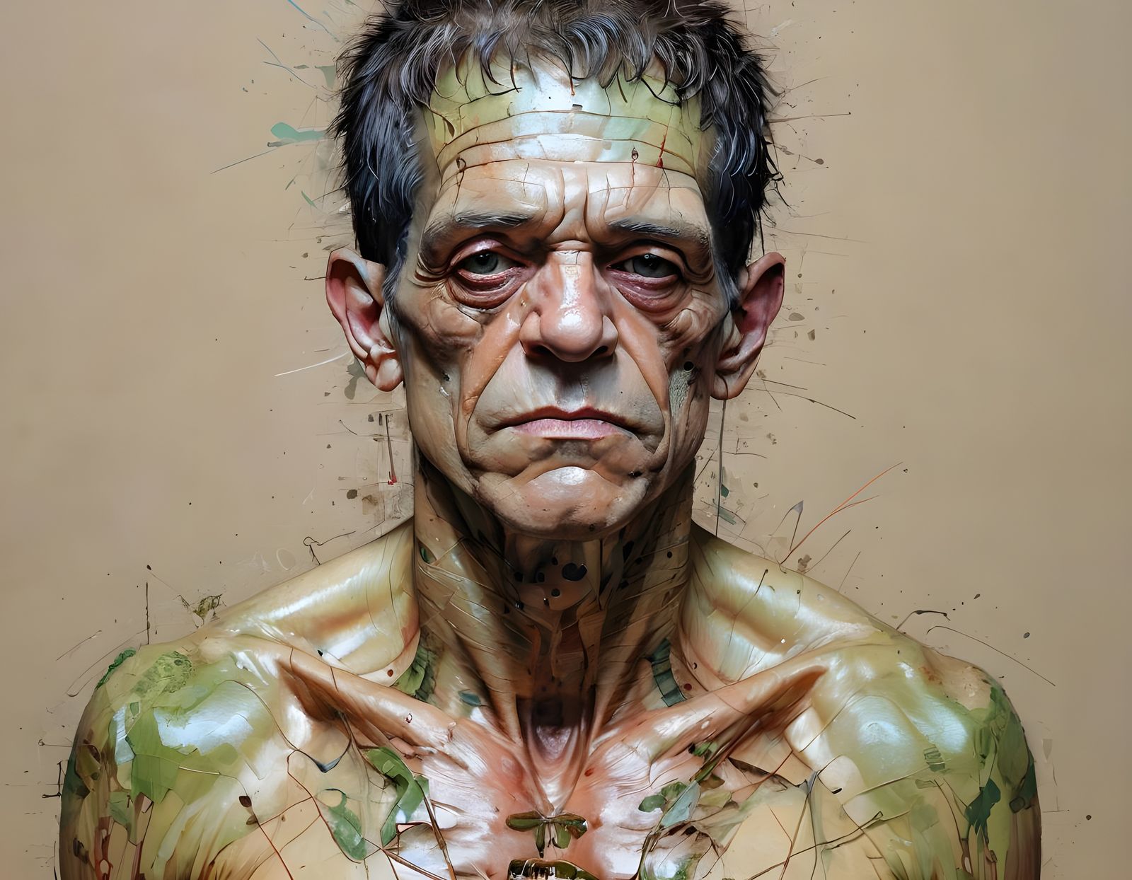 Frankenstein Family Portrait in Mixed Media Style