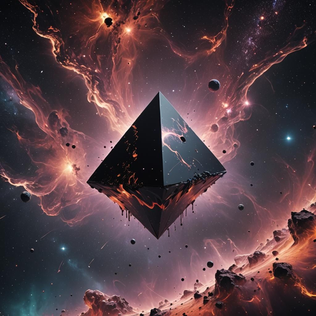 Weightless Black Fluid Pyramid in Outer Space