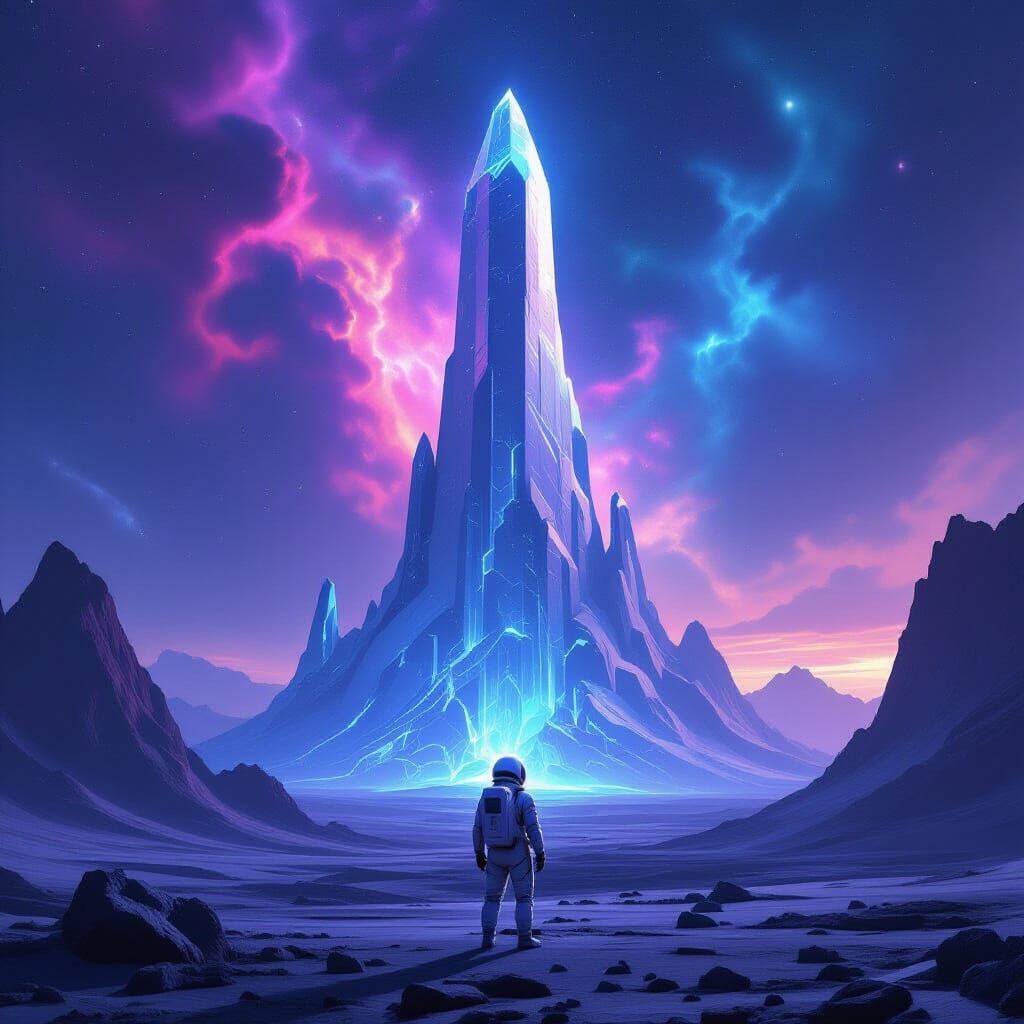 Astronaut Gazes at Crystalline Structure on Alien World