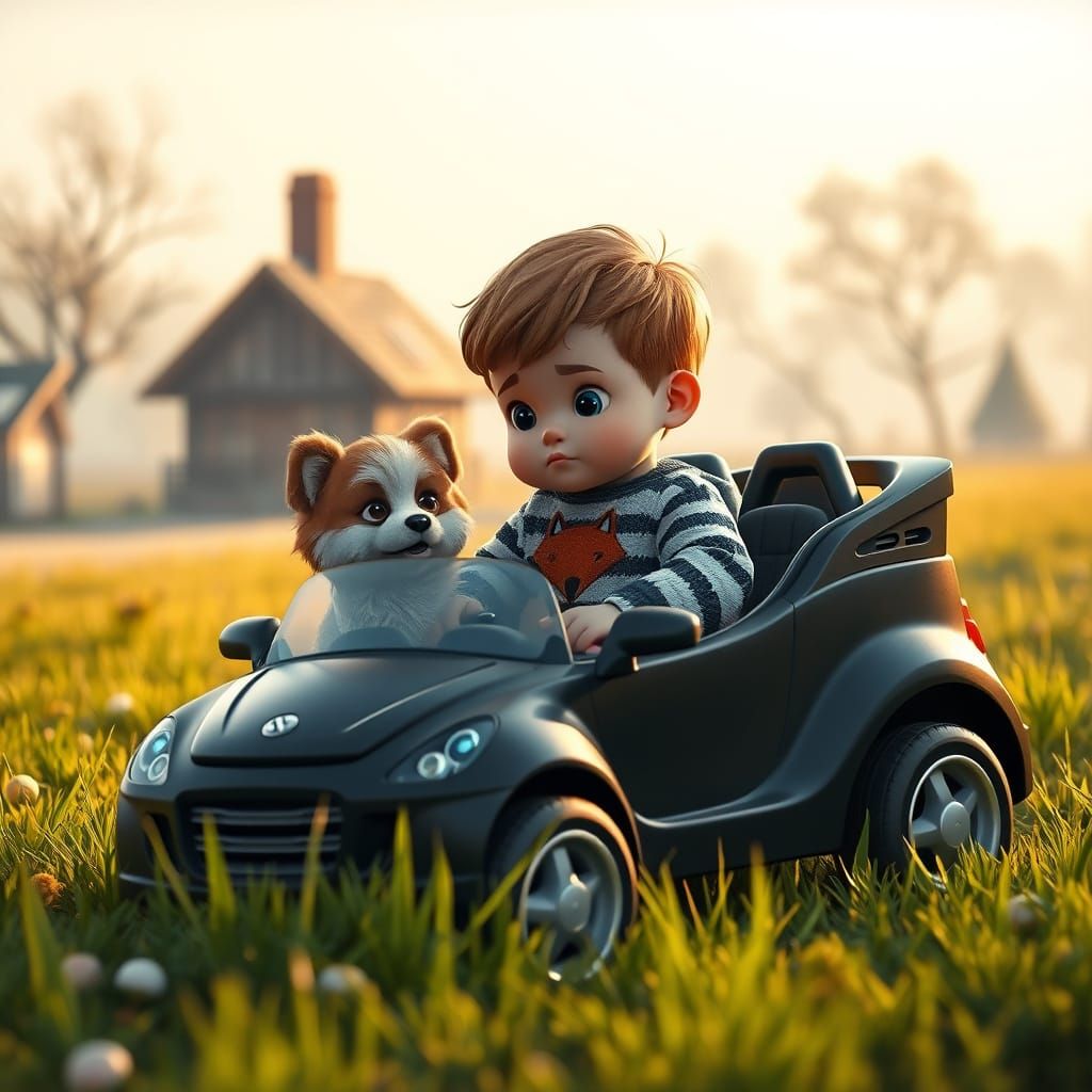 Child and Dog in Toy Car: Realistic Countryside Scene