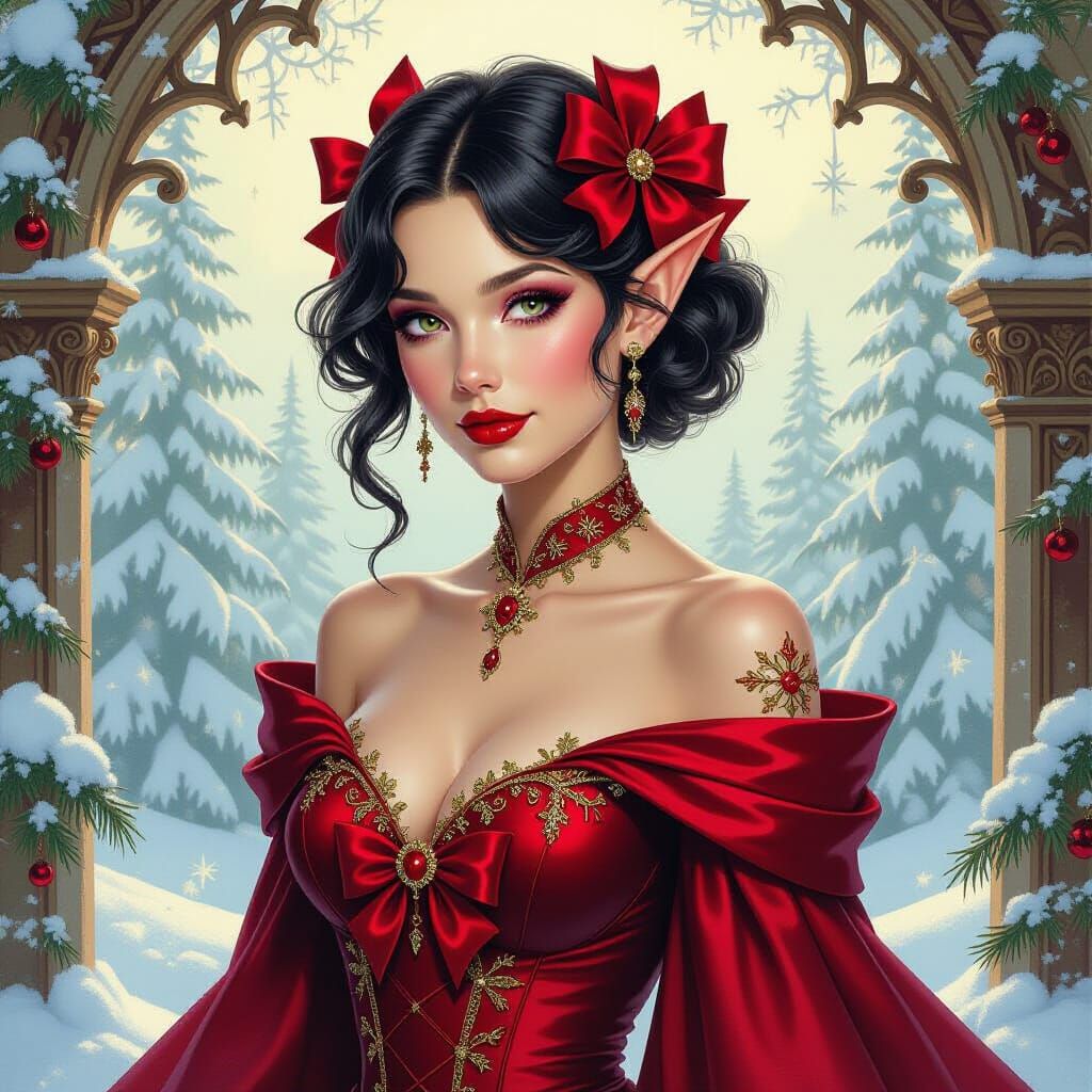 Elf in Crimson Gown with Christmas Bows