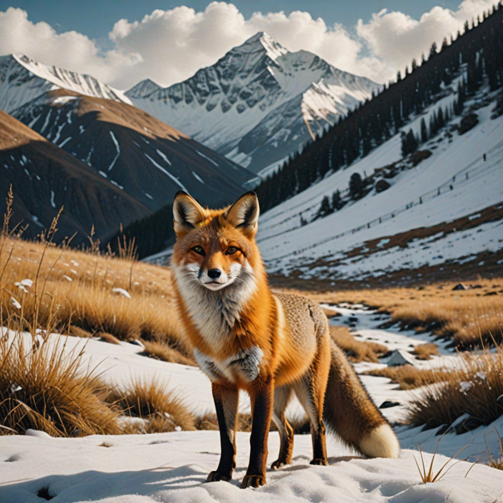 Realistic Tibetan Fox in Snowy Mountain Meadow