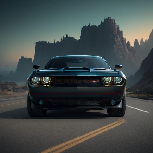 Surreal Dodge Challenger Rides into Vibrant Fantasy Landscap...