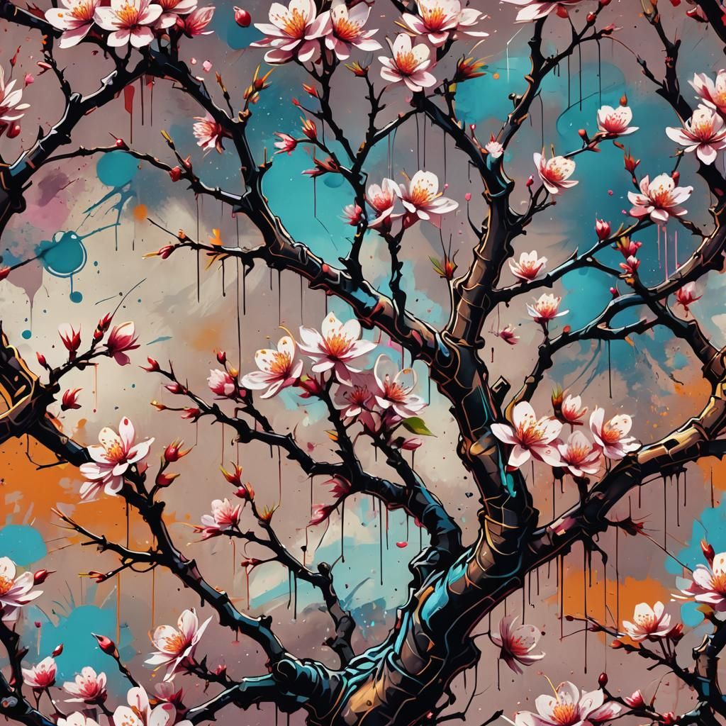 Cherry Tree Blooms in Hellish Desert: Graffiti Art