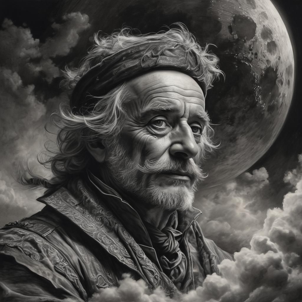 Baron Munchausen's Lunar Descent in Hyperdetailed Charcoal