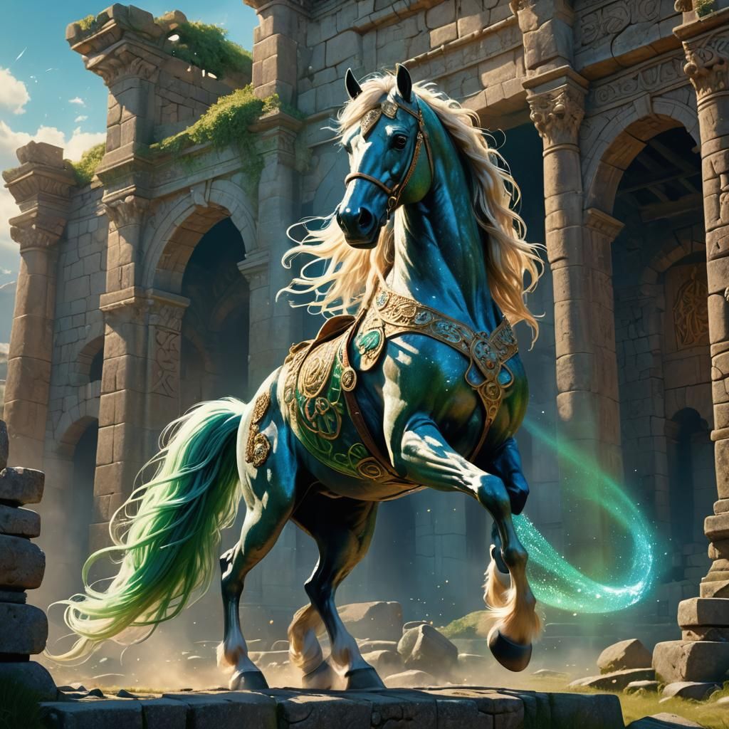 Celtic Horse Prancing Through Ancient Ruins
