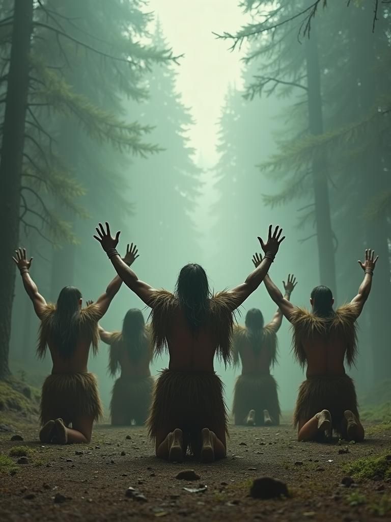 Primeval Warriors in Misty Forest, Fantastical Realism Style